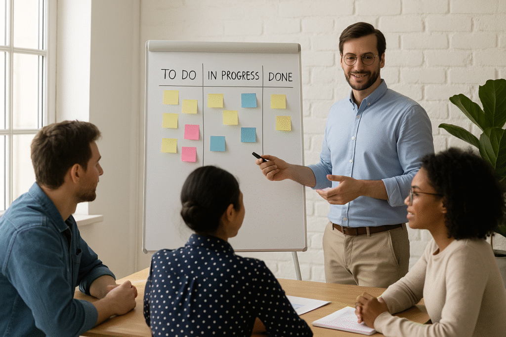 Projektteam priorisiert KI-Anwendungsfälle im Projektmanagement an einem Kanban-Board