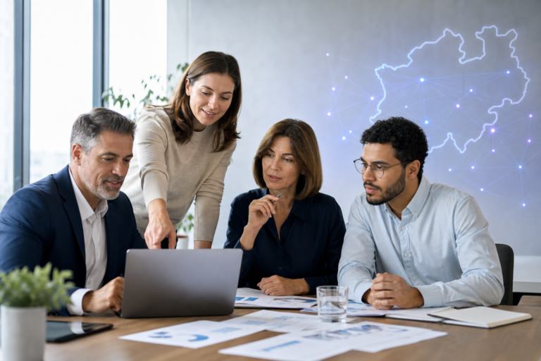 Mittelständisches Team bei der Planung eines geförderten KI-Einstiegs in Nordrhein-Westfalen