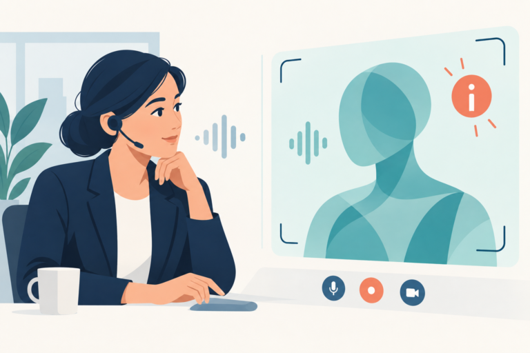 Illustration eines Unternehmensmitarbeiters, der einen animierten KI-Avatar in einer Video-Dialogoberfläche prüft.