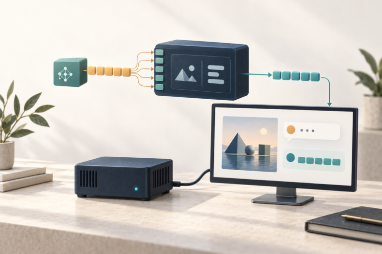 Illustration eines kompakten Edge-Computers neben einer abstrakten Oberfläche zur Analyse von Bildern mit KI.