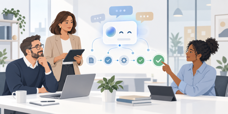 Sachliche Illustration eines mittelständischen Teams, das einen KI-Agenten mit sichtbaren Kontrollpunkten und Freigaben überwacht, deutschsprachiger Business-Kontext
