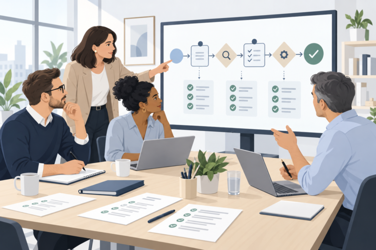 Sachliche Illustration eines mittelständischen Teams mit klaren Kontrollpunkten für einen KI-Agenten, deutscher Business-Kontext