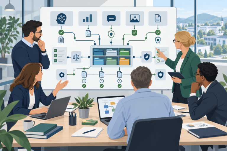 Sachliche Illustration eines mittelständischen Teams, das eine zentrale Compliance-Control-Bibliothek mit Prüfpfaden für KI-Anwendungen aufbaut, deutscher Business-Kontext, flacher Vektorstil, dezente corporate Farben, keine Textelemente, keine Roboter
