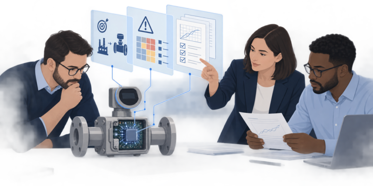 Illustration einer Produktprüfung mit KI-System, Risikomanagement und zusammengeführten Konformitätsunterlagen