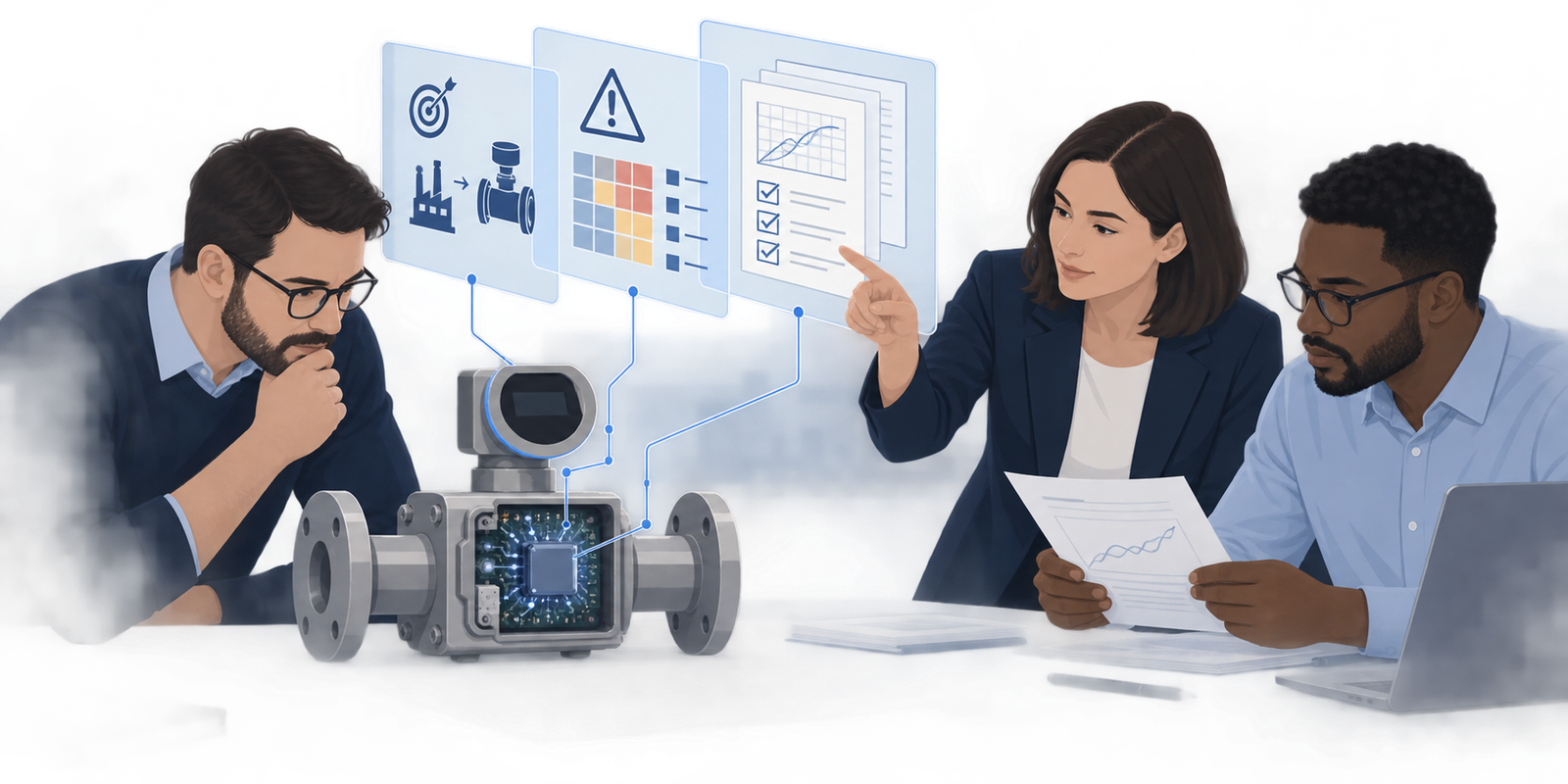 Illustration einer Produktprüfung mit KI-System, Risikomanagement und zusammengeführten Konformitätsunterlagen