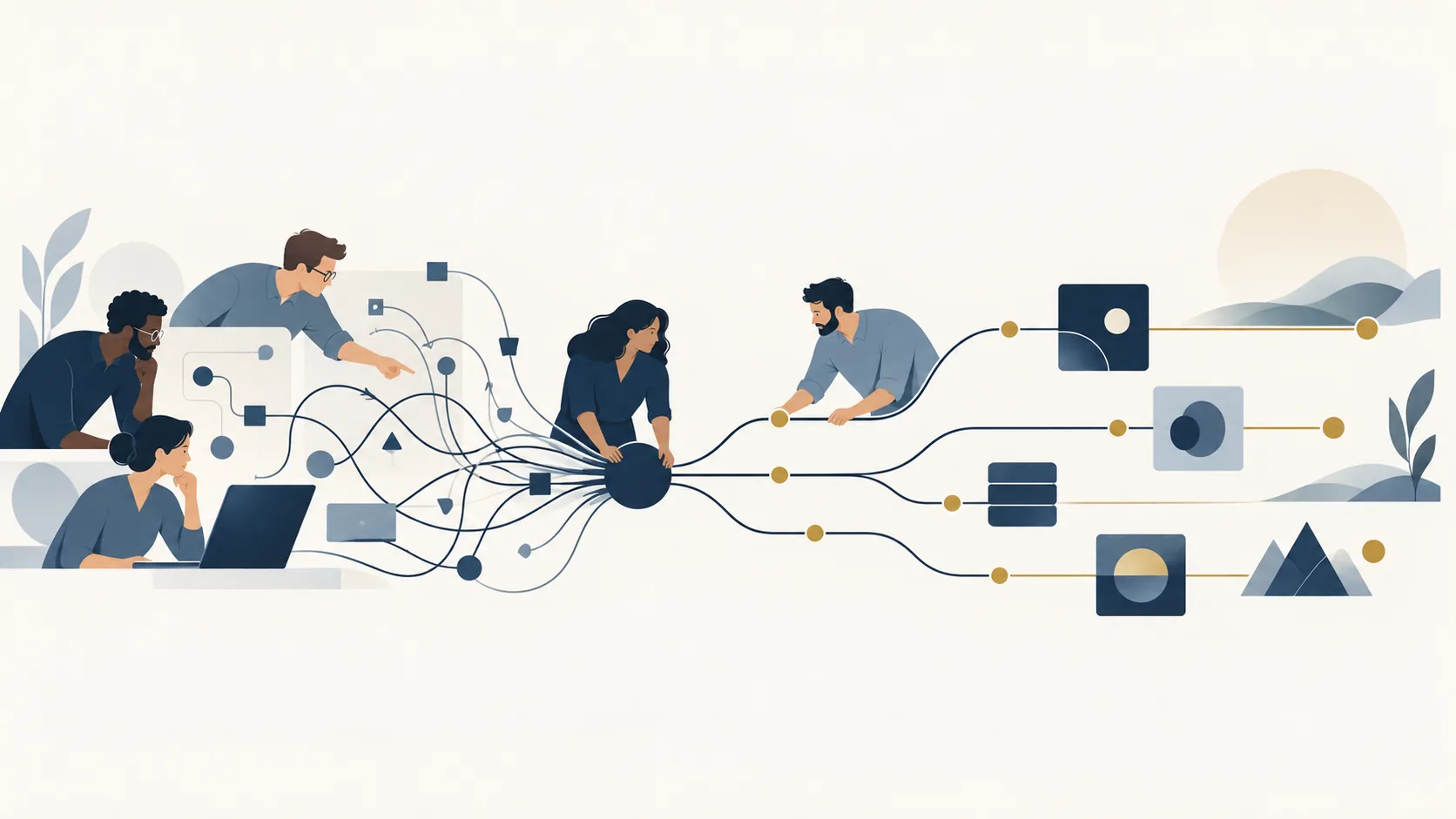 Illustration eines Technologieteams, das einen Entscheidungsengpass in klare Aufgaben und Verantwortlichkeiten auflöst