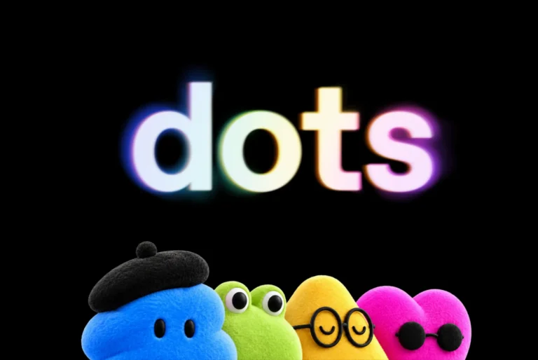 Schriftzug dots über vier farbigen Figuren auf schwarzem Hintergrund