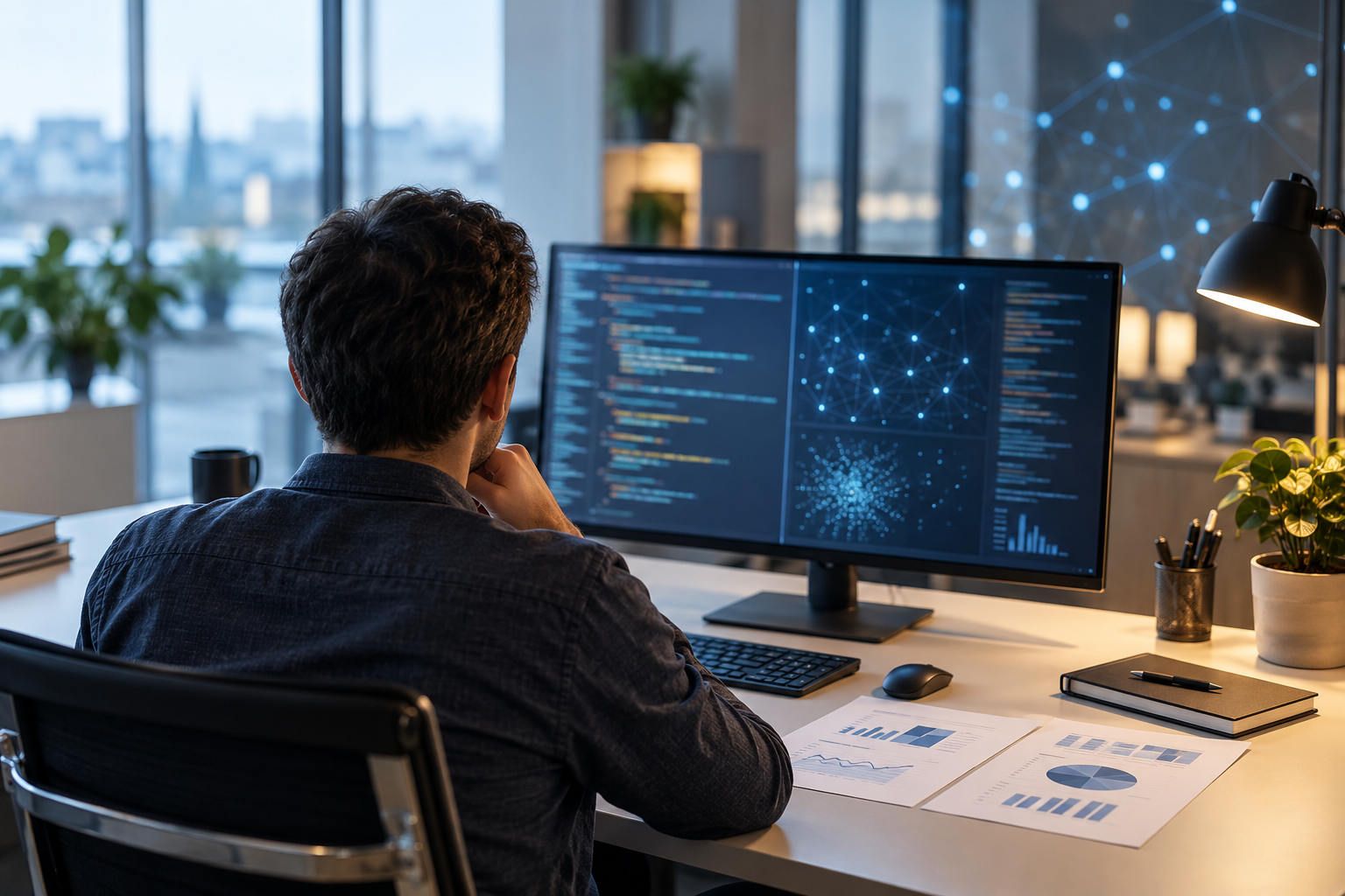 Person am Schreibtisch prüft Code und Diagramme vor abstraktem Netzwerk-Motiv