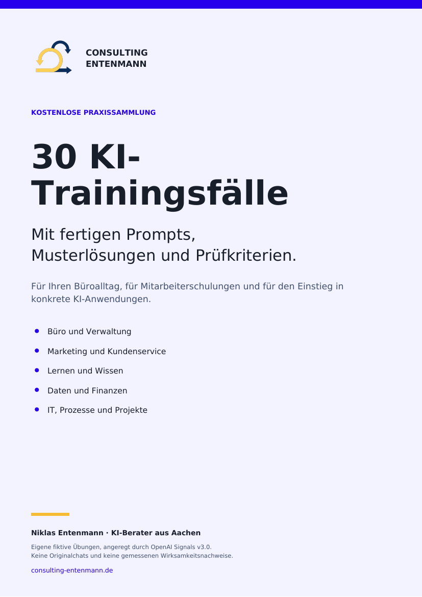 Deckblatt des Arbeitshefts: 30 KI-Trainingsfälle von Consulting Entenmann mit Prompts, Musterlösungen und Prüfkriterien.