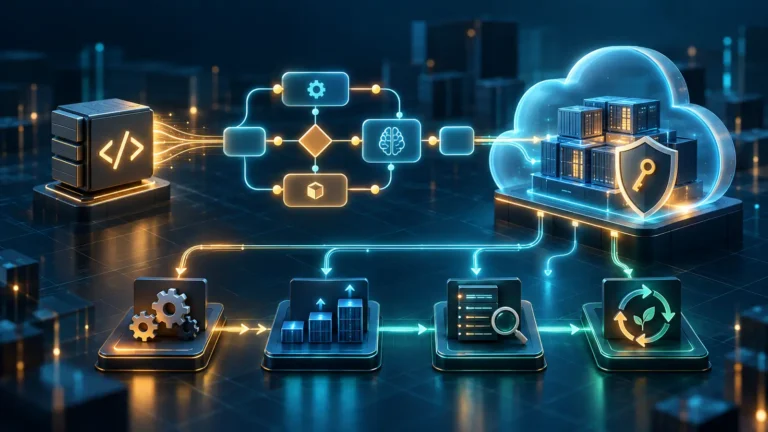 KI-generierte Illustration eines verwalteten KI-Workflows zwischen Code, Cloud-Infrastruktur und Sicherheitskontrollen