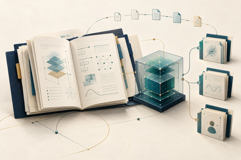 KI-generierte Illustration einer technischen Dokumentation mit verknüpften Unterlagen zu Daten, Tests und menschlicher Aufsicht neben einem symbolischen KI-Modul.