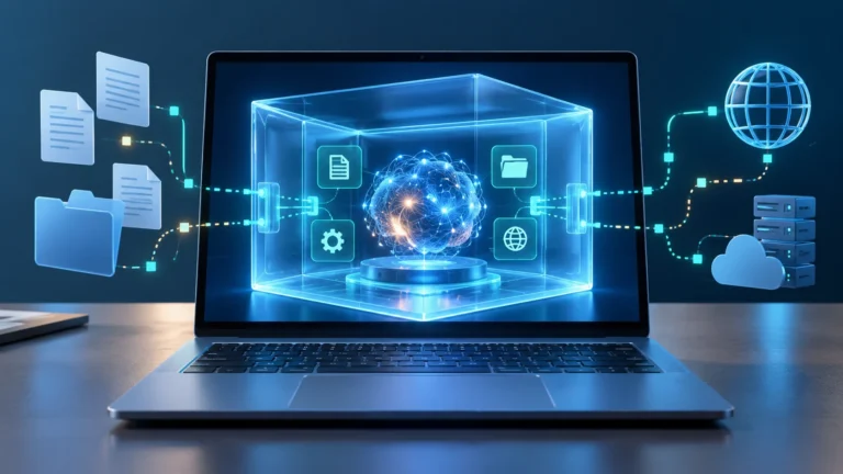 KI-generierte Illustration eines gekapselten KI-Systems auf einem Laptop mit Datei- und Netzwerkverbindungen
