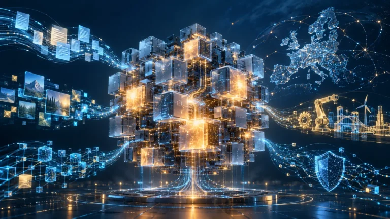 KI-generierte Illustration eines modularen KI-Modells mit Datenströmen, Europakarte, Industrie- und Sicherheitssymbolen