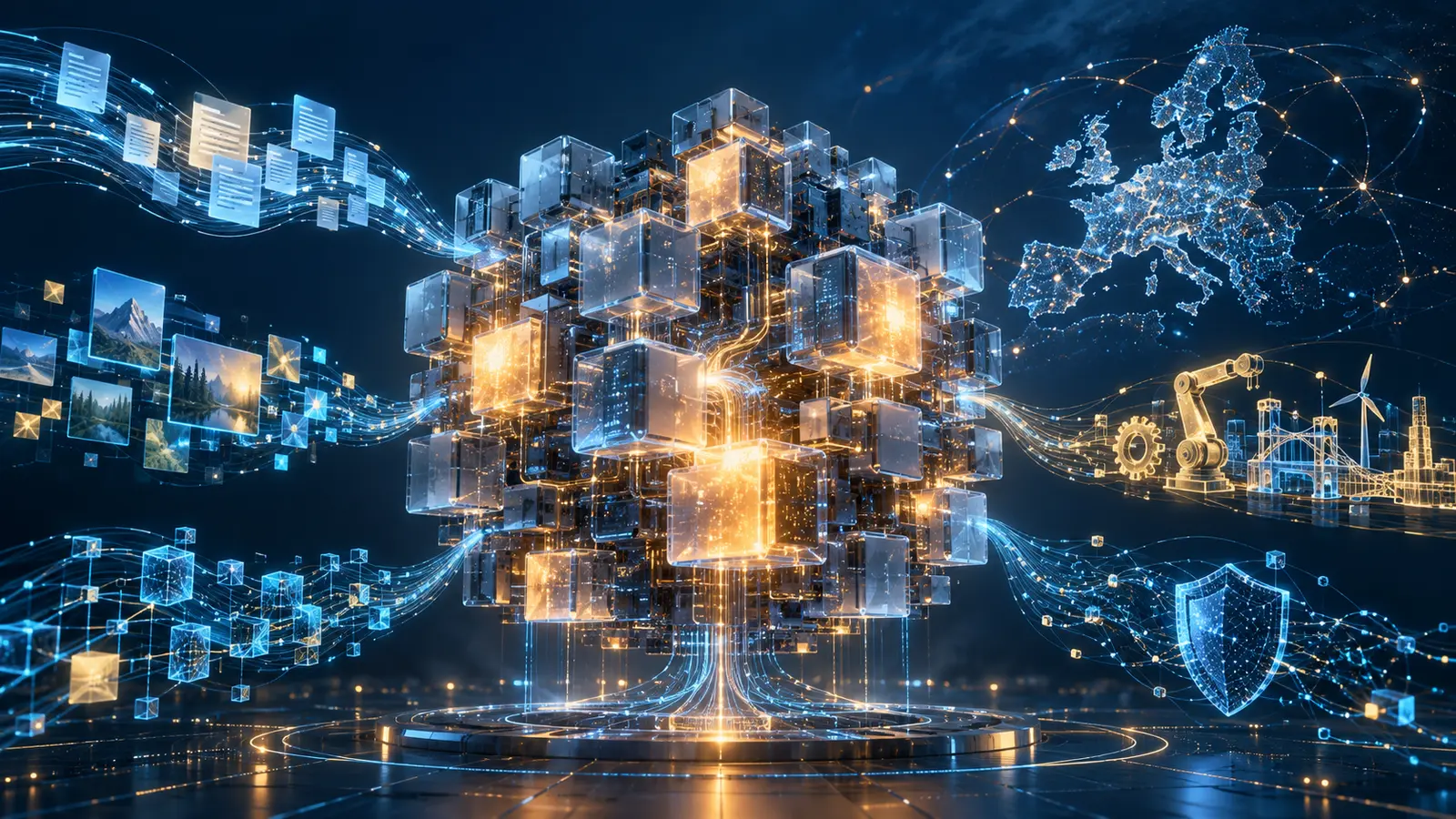 KI-generierte Illustration eines modularen KI-Modells mit Datenströmen, Europakarte, Industrie- und Sicherheitssymbolen
