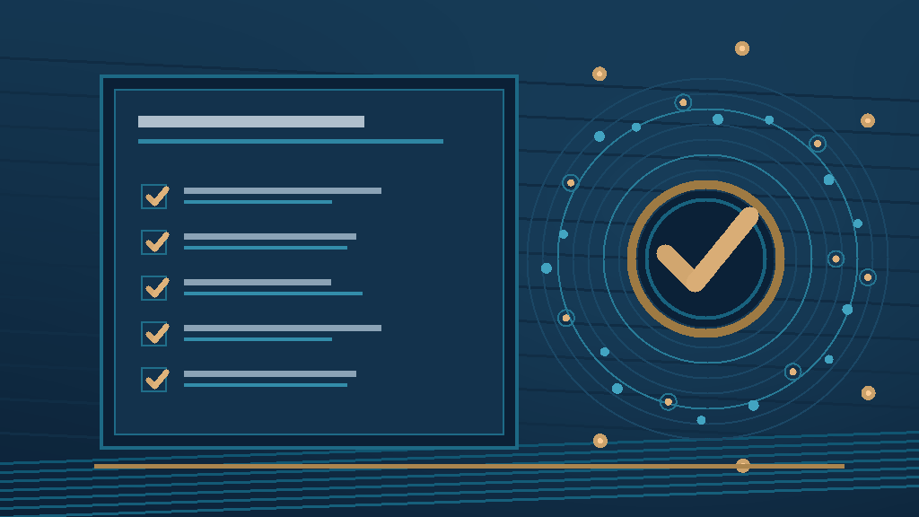 Illustration zu EU AI Act, Qualitätsmanagement und EN 18286 mit Checkliste, KI-Netzwerk und Prüfsymbol