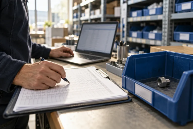 Hand mit Stift über einer Bestandsliste neben einem Laptop und einer fast leeren Ersatzteilbox.